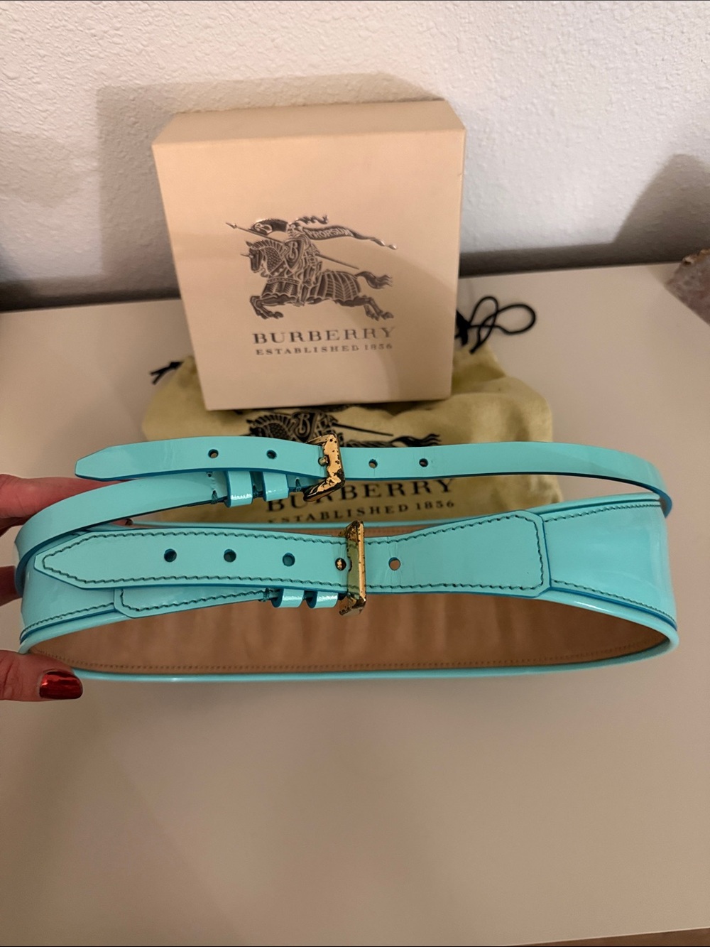 Burberry Turquoise Leather Double-Belt with Gold Buckles